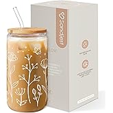 SANDJEST Floral Cup 16 Oz Can Glass with Bamboo Lid and Straw - Flower Glass Cup Gifts for Women - Wildflower Drinking Coffee Gifts