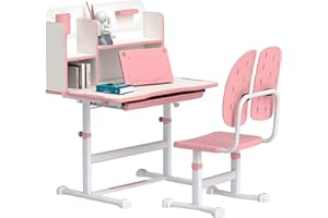 Qaba Kids Desk and Chair Set, Adjustable Height Kids Study Table and Chair with Tilt Desktop, Drawer, Reading Rack, Pen Holde