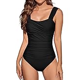 VECENEY One Piece Bathing Suit for Women Tummy Control Swimsuits Square Neck Ruched Modest Swimwear