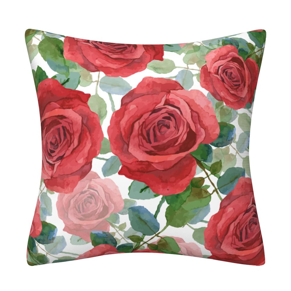 DILOXNSU Cushion Covers 18 x 18 inch Red Roses Flowers Double-Sided Decorative Pillows Covers for Sofa Bed Home Livingroom Outdoor Garden Decor Cushion Cover 45 x 45 cm