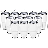 MEWAY 30oz Insulated Tumbler With Lids and Straws,Stainless Steel Double Vacuum Coffee Tumbler Cup, Brush, Durable Powder Coated Coffee Cup for Cold & Hot Drinks, Office, Travel(White,12 PACK)