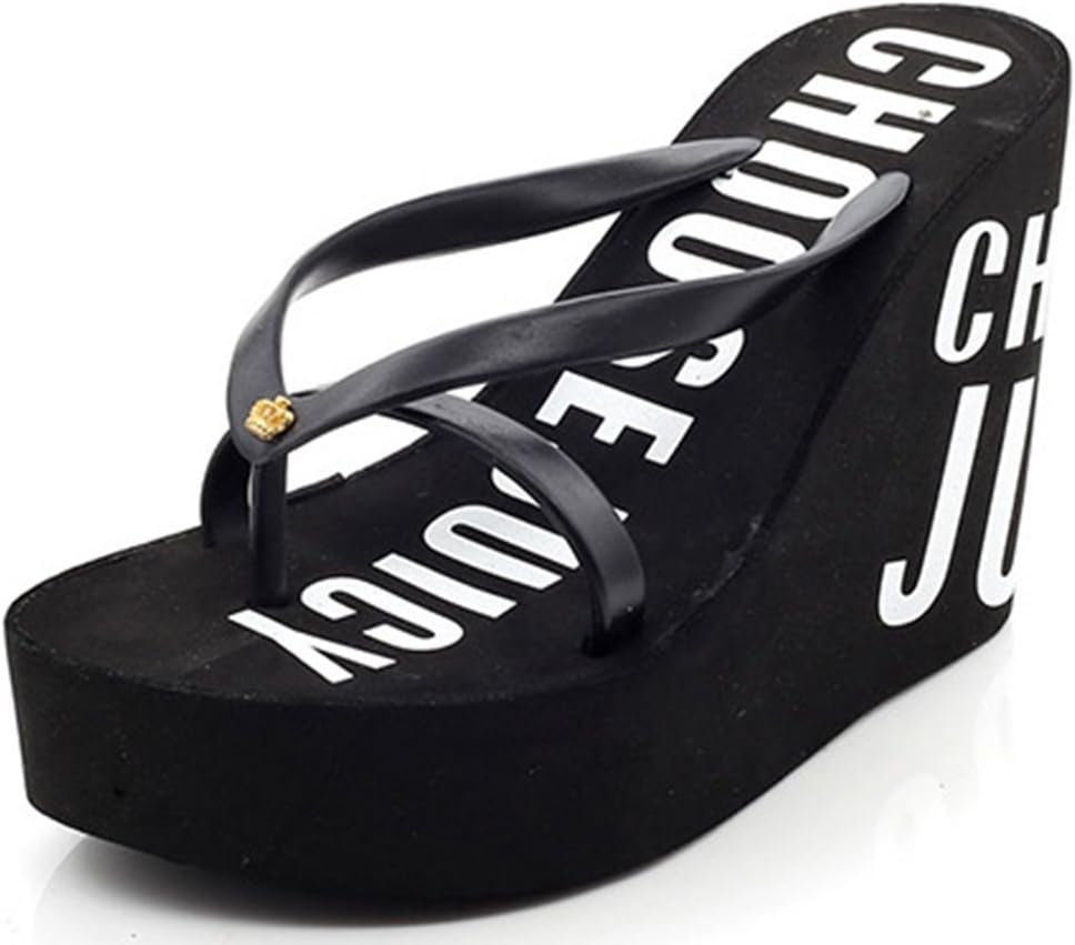 IDIFU Women's Comfy Platform Wedge Flip Flops With High Heels Beach Thong Sandals Black 5 B(M) US