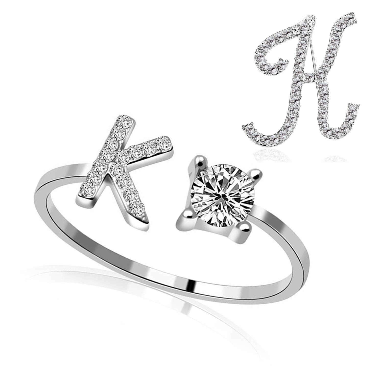 RINHOO Initial Knuckle Rings and Brooch Pin Silver Crystal 26 A-Z Letter Alphabet Adjustable Ring for Women Girl Jewelry, Crystal