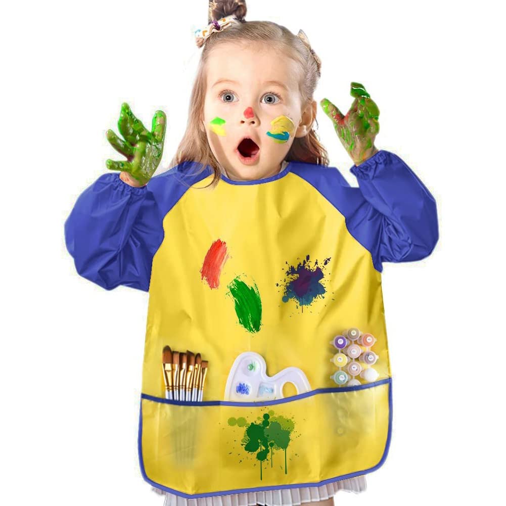 Kids Art Smocks Painting Apron Waterproof Play Apron Bibs with Pockets, Long Sleeve Art Craft Play Coverall Smock for Painting, Cooking,Crafts, Clay,Sand Tower for Children Boys Girls