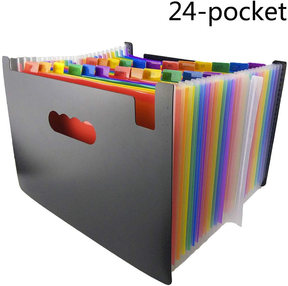 KEKAI 24 Pockets Expanding Files Folder/Portable Accordion File Folder/Large Plastic Rainbow A4 Expandable File Organizer/High Capacity Multicolour Stand/Plastic Business Filing Box