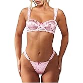 MakeMeChic Women's 2 Piece Valentines Lingerie Sets Satin Heart Print Bow Underwire Bra and Thongs Set