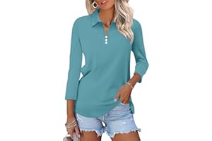 TICTICMISS Womens Tops 3/4 Sleeve Polo Shirts Business Casual V Neck Collared Shirts Basic Tees Blouse