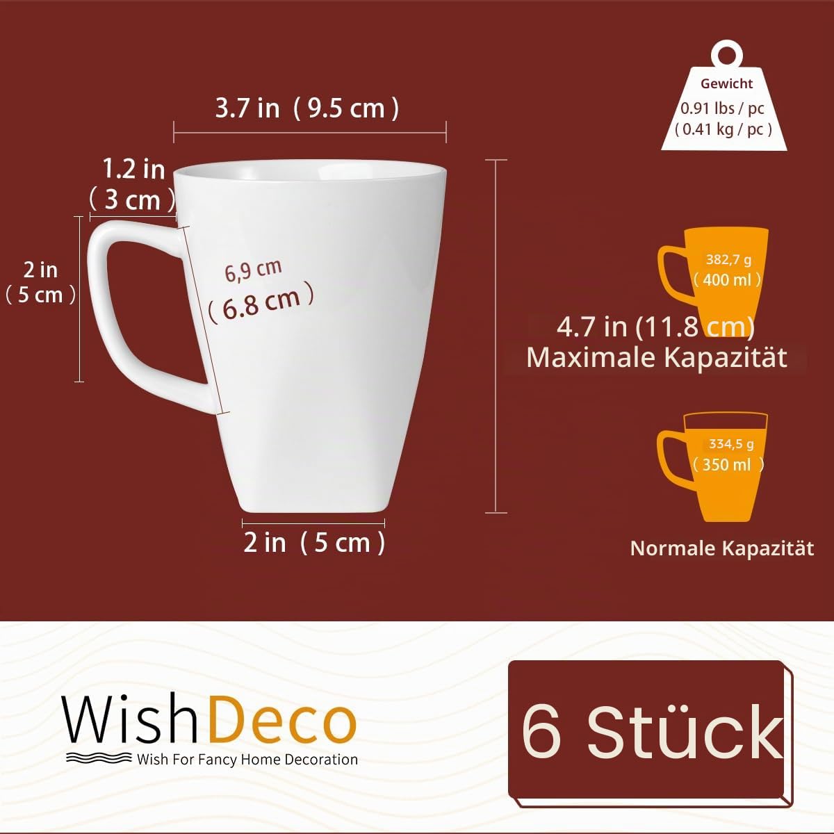 WishDeco Kaffeebecher 6er Set, Kaffeetassen Porzellan Weiß 400ml, Kaffee Tassen Groß mit Henkel, Tassen Set für Cappuccino Tee Milch Heißgetränke, Eckig Boden 3
