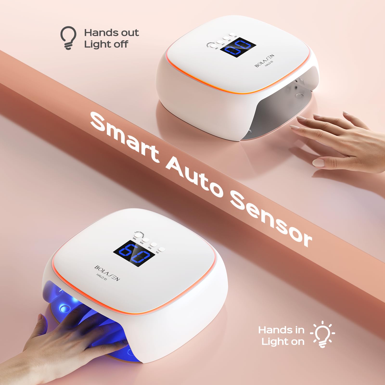 BOLASEN UV LED Nail Lamp, 60W UV Light for Gel Nails with Ceramic Technology, Professional Nail Dryer for Gel Nail Polish, Quick Dry Curing Lamp with Metal Base & Atmosphere Light, Halo 10 - Image 6