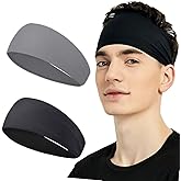 2Pcs Sports Headbands for Men & Women, Sweat Headband Non-Slip Sweatband Sports Running Cycling Yoga Basketball Workout Football Training (Black & Gray)