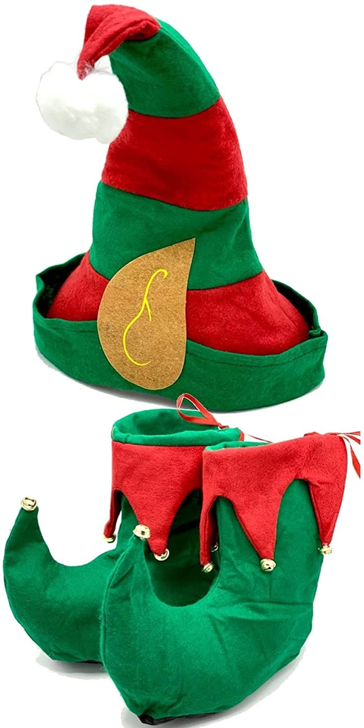 Dreamzfit Deluxe Adult Elf Costume Set, Green & Red Christmas Fancy Dress with Hat & Ears & Shoes for Xmas Party, Cosplay, Office Do (Men & Women)