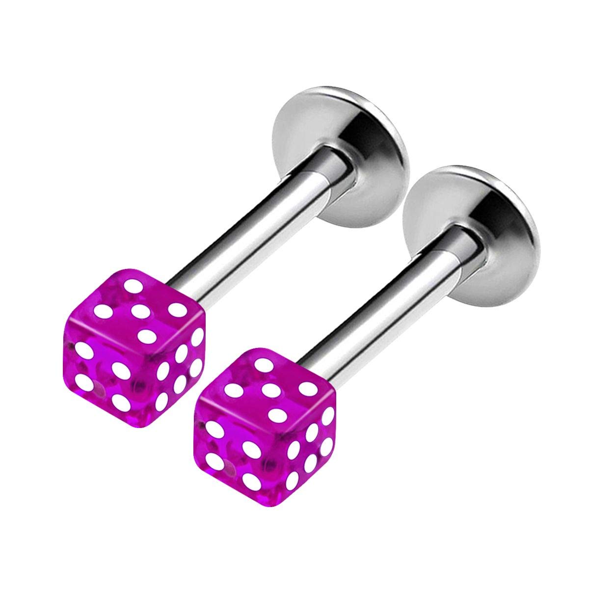KJM FASHION 2PCS Surgical Steel Labret Lip Rings 16 gauge 5/16 8mm 3mm Purple Dice Lobe Snake Bite Earring Medusa Piercing Jewellery 1640