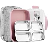 Slim Stainless Steel Square Lunch Box Set - Insulated Leak Proof Lunch Box for Adults and Kids, Non-toxic Tasteless safety, With Insulated Bag And Cutlery - Dishwasher Microwave Safe (Pink)