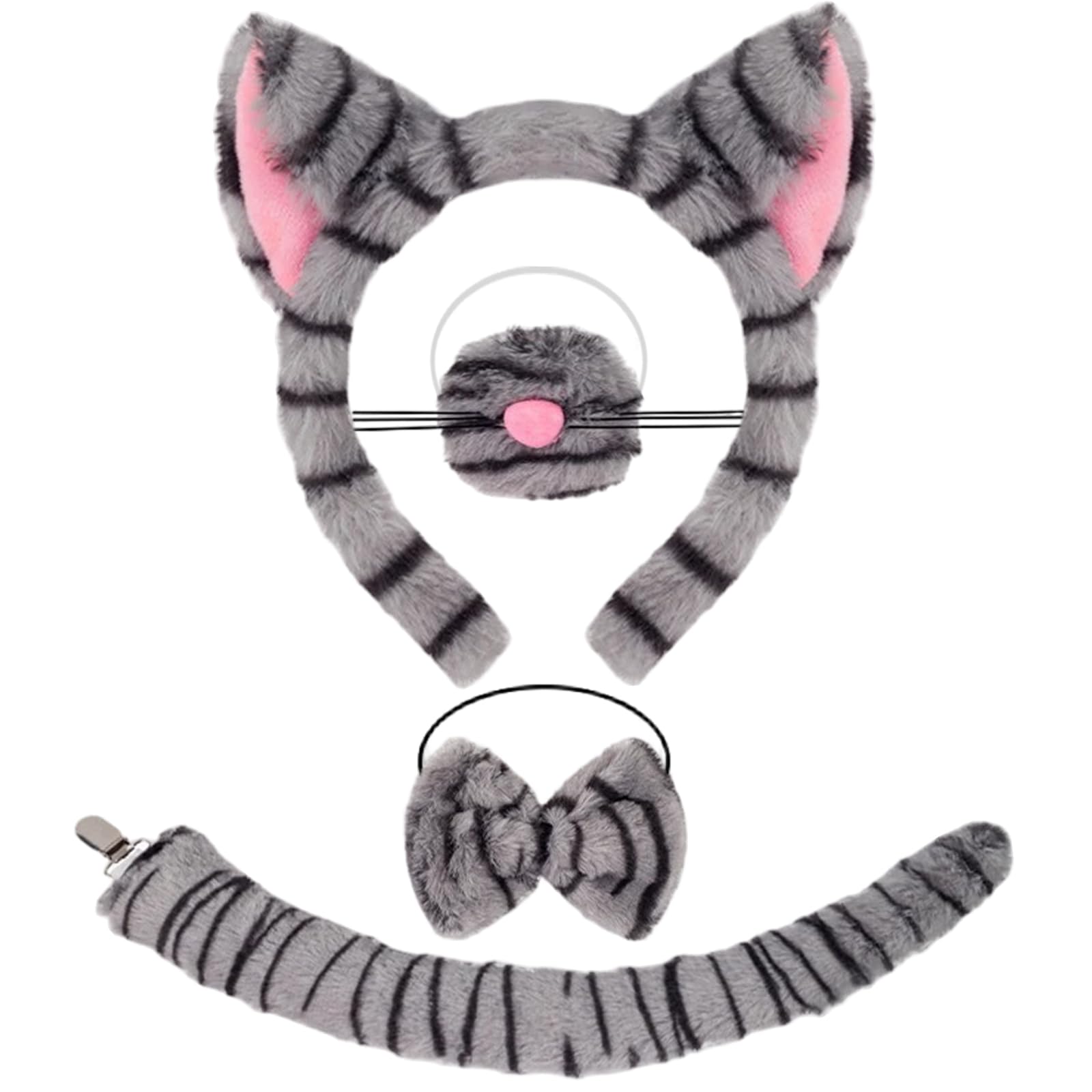 Dazzroi 4Pcs Cat Costume Accessories Set, Funny Animal Cosplay Set Includes Furry Cat Ears Headband Nose Tail Bow Tie, Cats Fancy Dress Kit for World Book Day Halloween Party Carnival