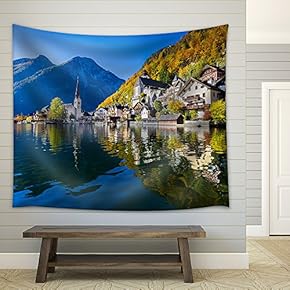 Scenic Picture-Postcard View of Famous Hallstatt Mountain Village - Fabric Wall Tapestry Home Decor - 51x60 inches