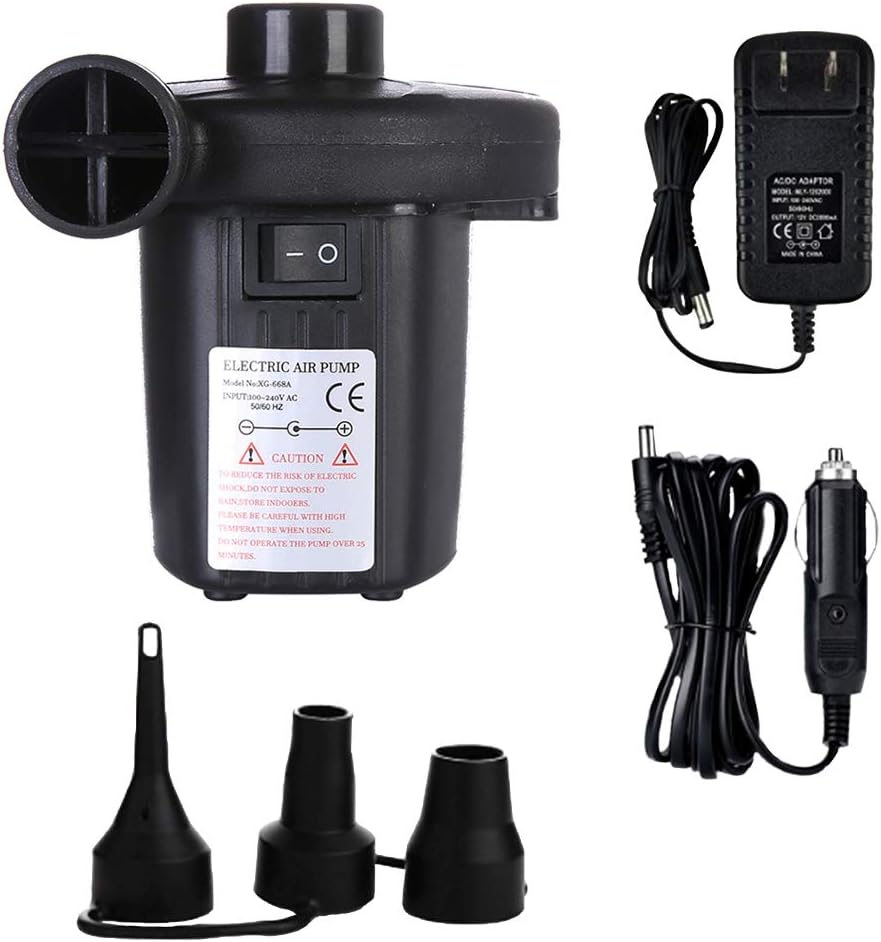 Electric Air Pump for Inflatables, Quick-Fill Inflator & 3 Nozzles Adapters, Dual Powered Car DC12V & Home AC100-240V Portable Inflates/Deflates Pump, Best for Camping Swimming (Not Rechargeable)