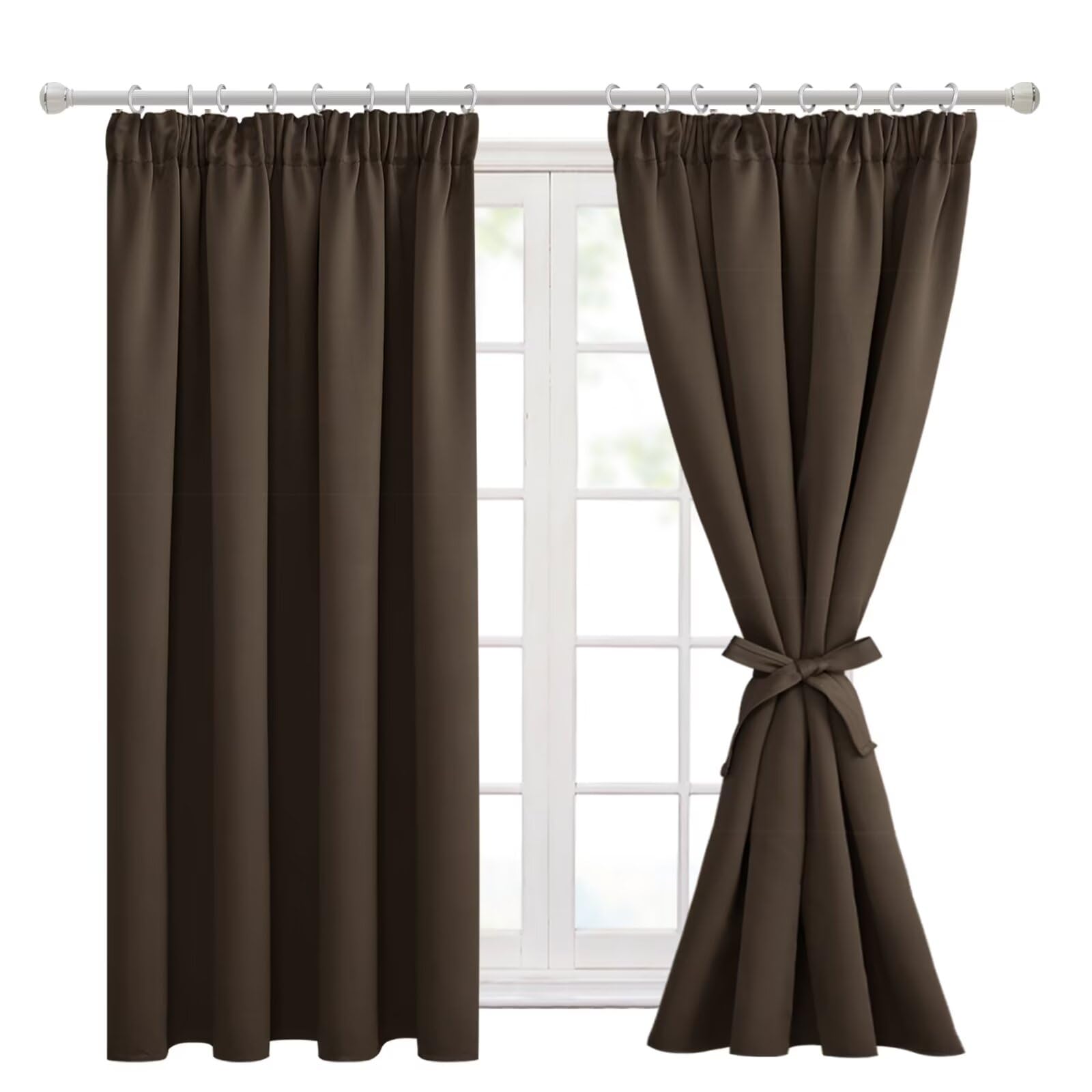 Hiasan Pencil Pleat Blackout Thermal Insulated Curtains, Bedroom and Living Room with Tiebacks, Energy Saving and Noise Reducing, 2 Panels, 66 x 54 Inch, Brown