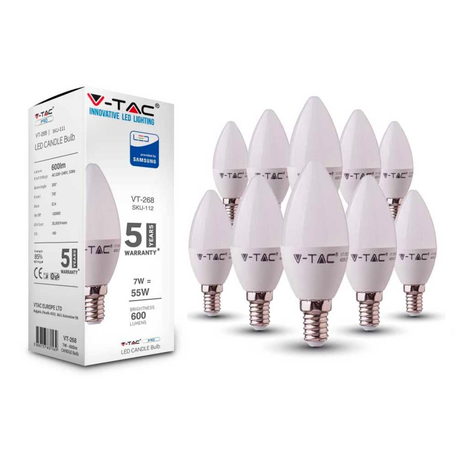 V-TAC E14 LED Candle Bulbs | Edison Small Screw Light Bulb | 7W (Equivalent to 45W) Candle Light Bulbs | Samsung Chip Non Dimmable | Day White 4000K - 10 Pack