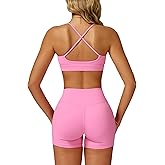 PQBPQB Women 2 Piece Workout Set Spaghetti Straps Cross Back Sports Bra V High Waist Biker Shorts Gym Outfit with Pocket