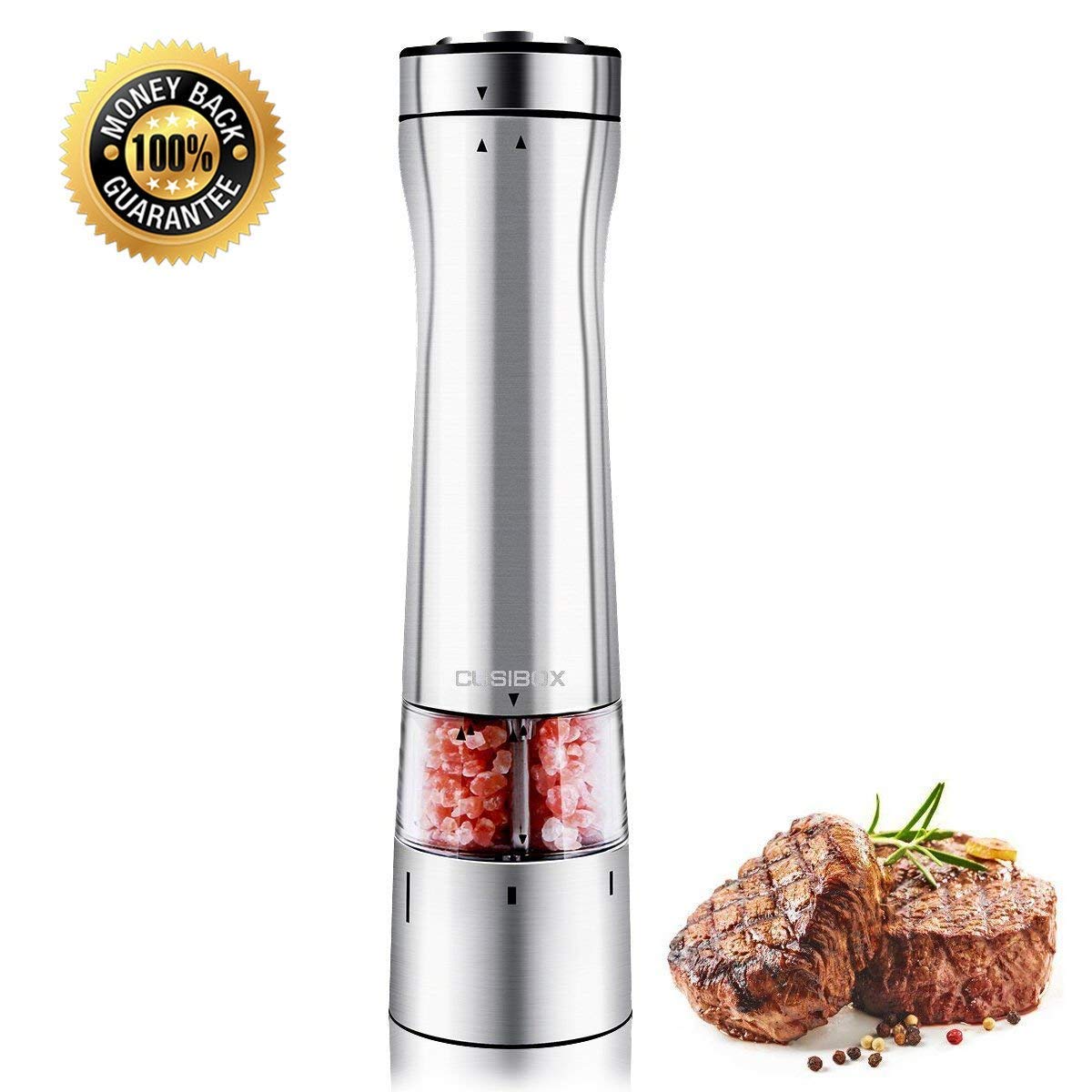 Electric Salt or Pepper Grinder, CUSIBOX Stainless Steel Electric Pepper Grinder or Salt Mill with LED Light at Bottom, Pepper Mill Shaker with Adjustable Grind Coarseness