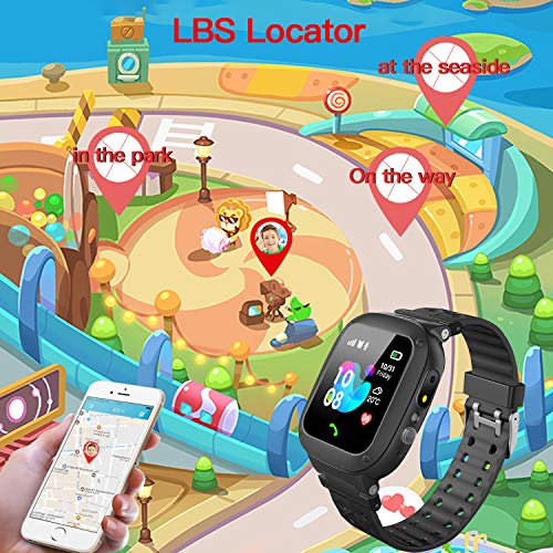 Jsbaby Kids Smartwatch Waterproof GPS/LBS Tracker Phone Compatible iOS Android for Children 3-12 Girls Boys SOS Call Remote Camera Two Way Call Touch Screen Games Christmas Birthday (Black) - Thumbnail 2