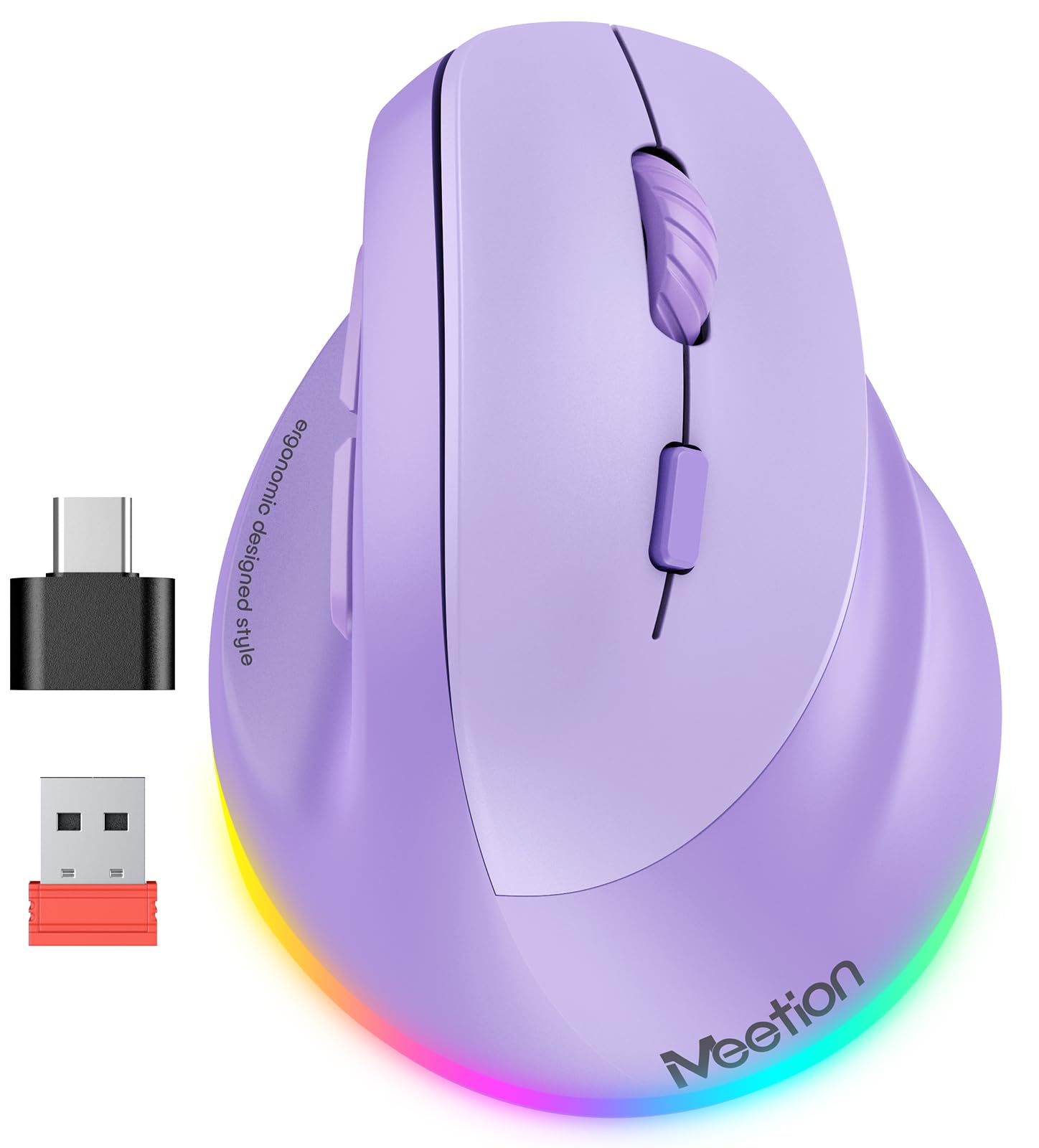Photo 1 of MEETION Ergonomic Mouse, Wireless Vertical Mouse RGB Backlit Rechargeable Mice for Bluetooth(5.2 + 3.0) & USB-A with USB-C Adapter 4 Adjustable DPI Compatible Mac/Windows/Andriod/PC/Tablet/iPad Purple