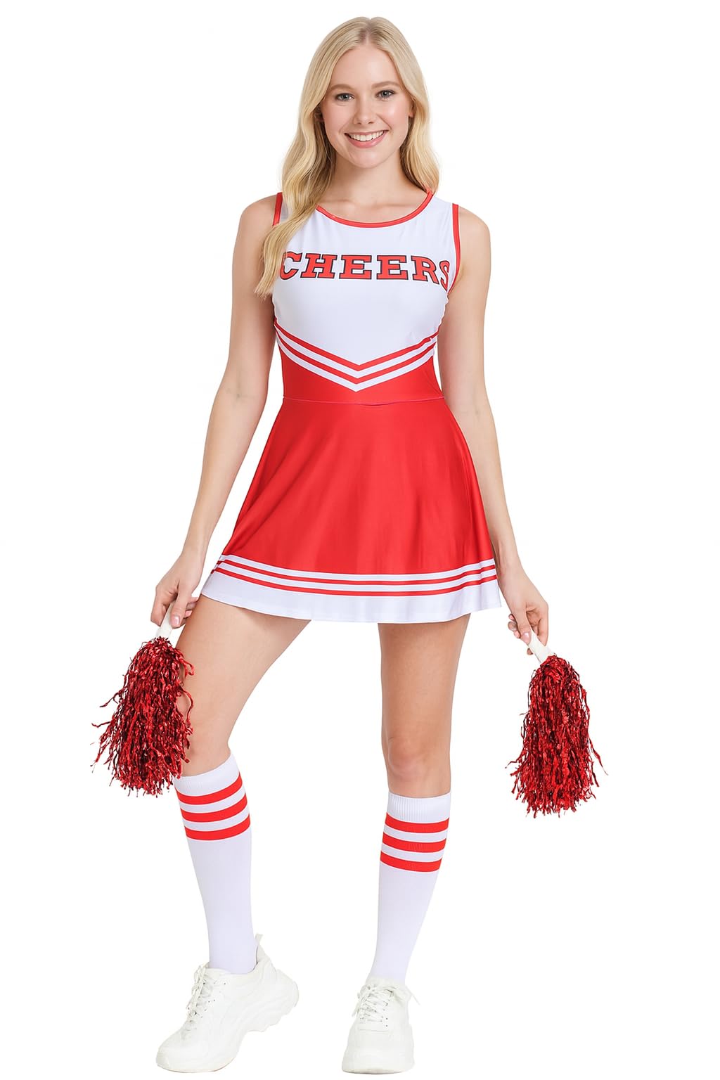 Cheerleader Outfit Fancy Dress Halloween Cheer Pep School College Uni Rally Pom Poms Socks Costume Womens Girls Sports Theme Cosplay Red Medium