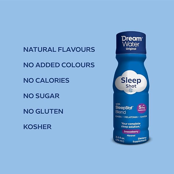 DREAM WATER SLEEP AID SUPPLEMENT DRINK; MELATONIN 5MG, GABA, 5-HTP; ZERO SUGAR, NATURAL FLAVORS, NO ADDED COLORS, 2.5 OZ LIQUID SLEEP SHOTS, SNOOZEBERRY, 12-COUNT