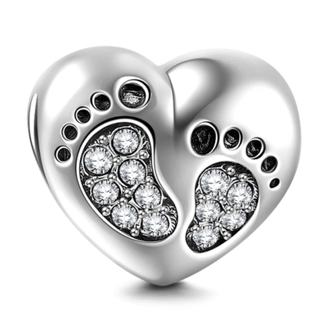 Footprint Charm 925 Sterling Silver Heart Baby Foot Charm Birthday Charm Birthstone Charm Heart Charm Anniversary Charm for Pandora Charm Bracelet (White)