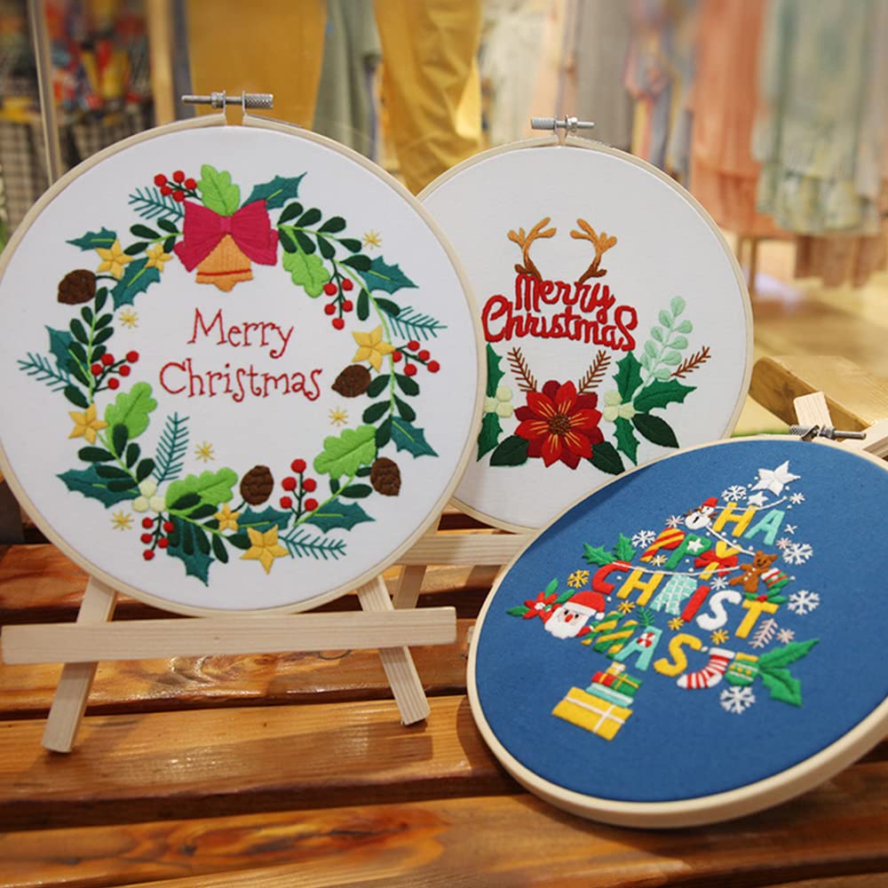 Namvo 3 Sets Embroidery Starter Kit with Christmas Pattern and Instructions, Cross Stitch Kit Include 3 Embroidery Cloth, 3 Plastic Embroidery Hoops, Color Threads and Tools(Christmas)