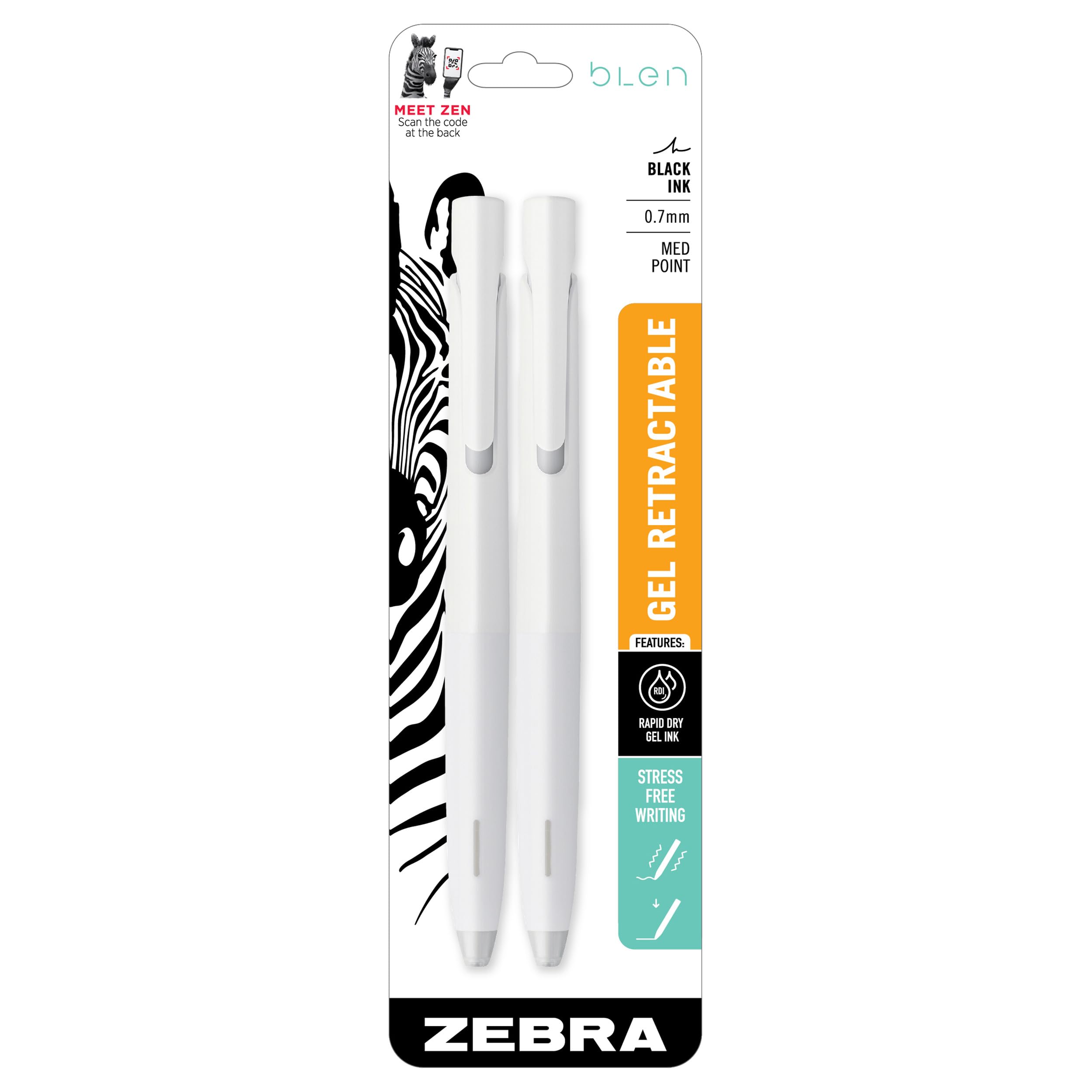Zebra bLen Gel Pen 0.7mm White Barrel 2pk (41402)