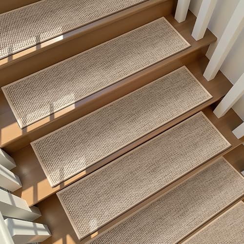 Linen Stair Treads Non Slip 15pcs 8"X30" Stair Runner for Wooden Steps Peel and Stick Stairs Carpet Treads Indoor Staircase Covers Mat with Self-Adhesive Backing for Pets and Kids Beige