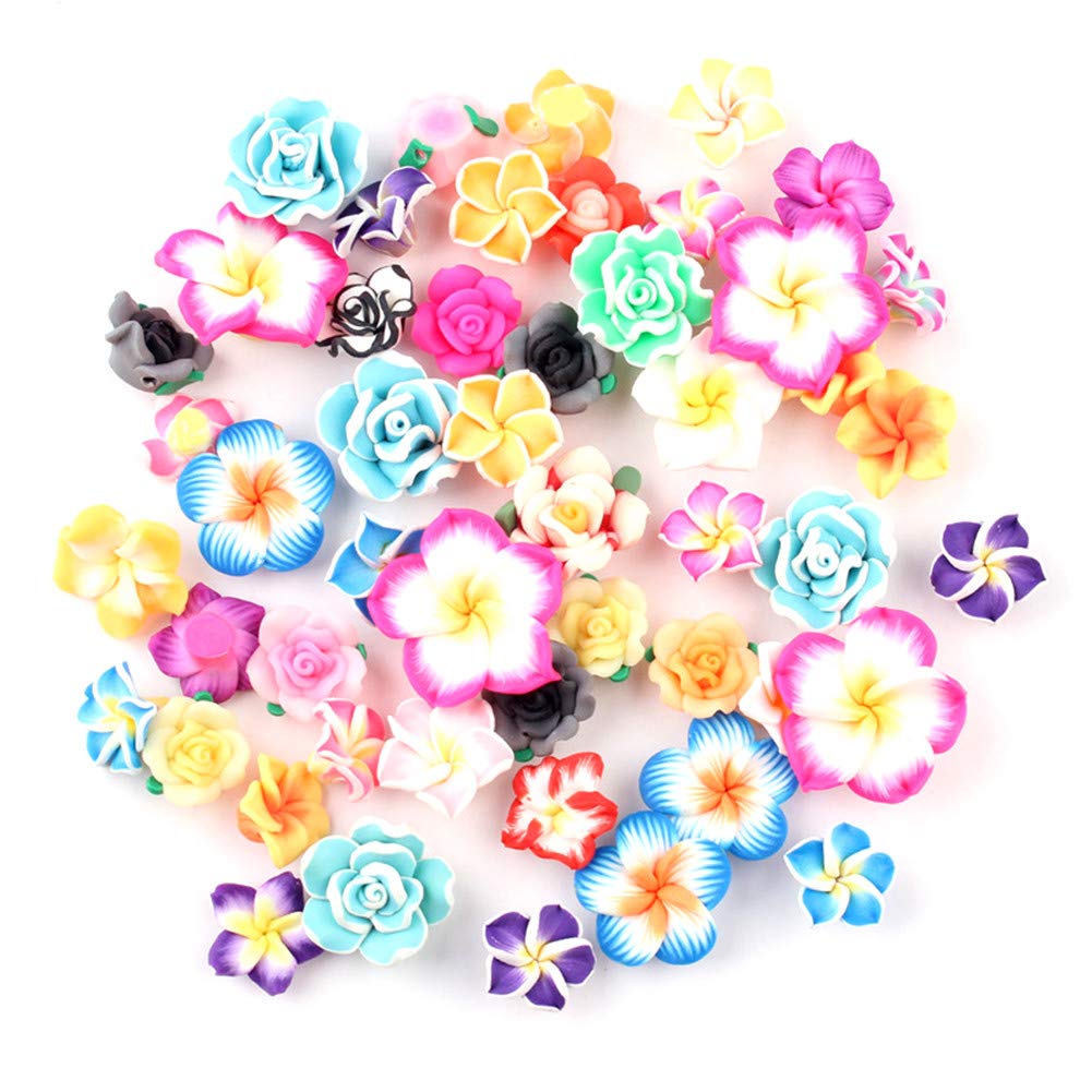 Assorted 50 Pack Tropical Flower Resin Charms Hawaiian Bali Plumeria Plastic Cabochons Flatback Beads for Miniature Fairy Garden Accessories Scrapbooking Home Decor Supplies