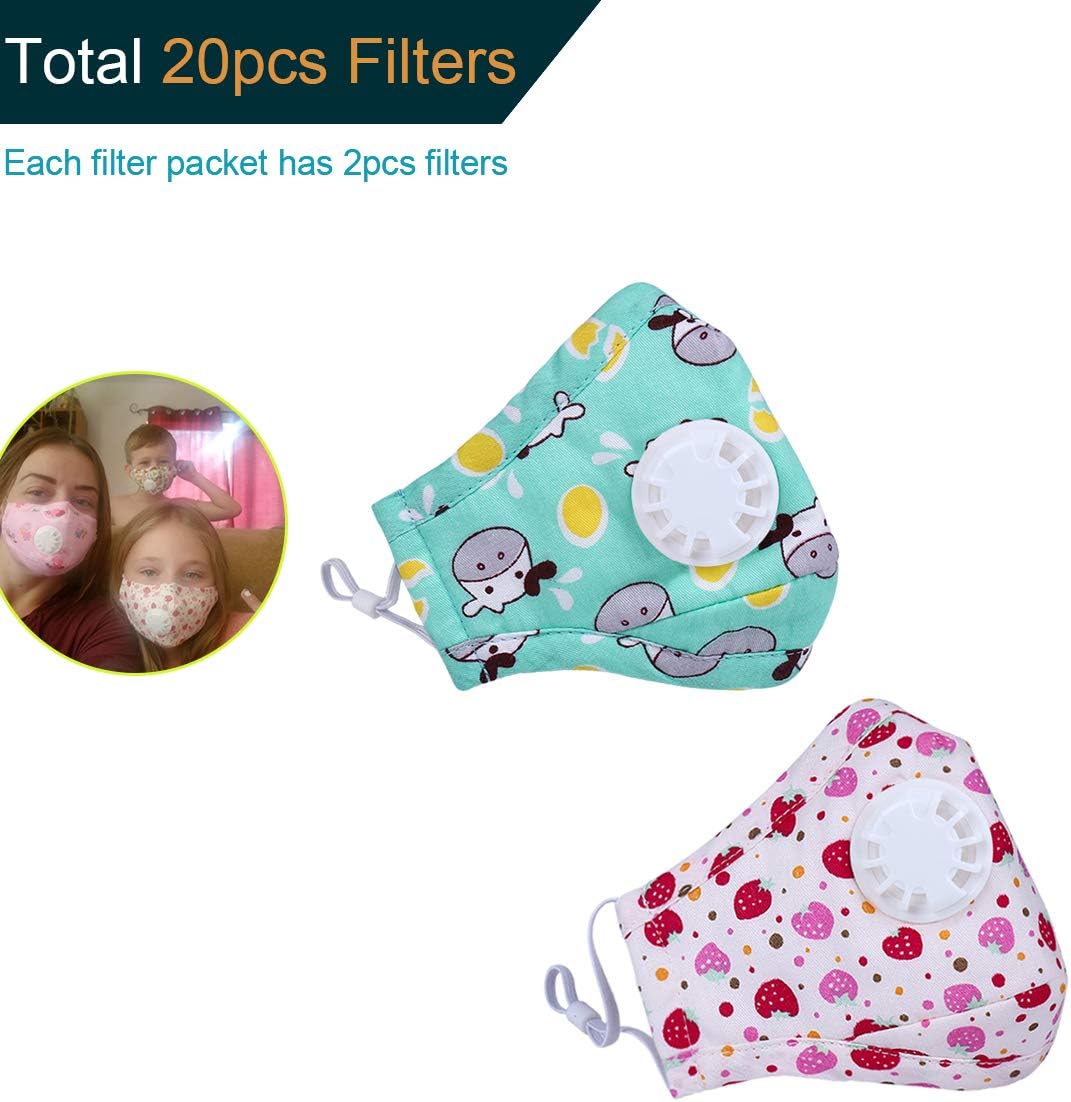 Doteonhome Mouth Mask Anti Pollution N95 Mask for Kids with Valve Replaceable Filter Can Effective Prevention of Allergies Dustproof Mouth Mask 2 Pack + 20pcs Fliters
