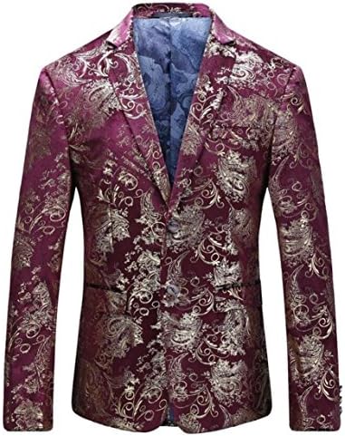 Vchomi Men's Luxury Golden Floral 2 Button Blazer 44 Red