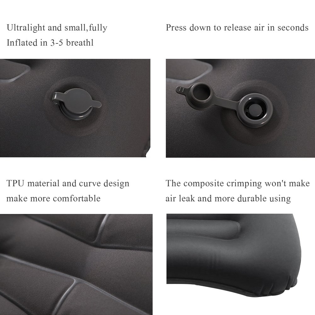 Wishesport Camping Pillows, Ultralight Inflatable Soft Flock Pillows with Head and Neck Support for Travel Hiking Outdoor Backpacking (Gray)