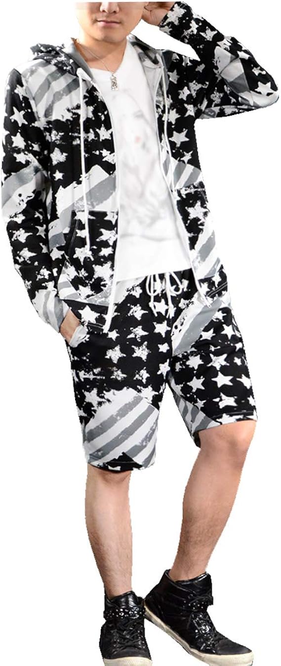 Amazon セットアップ ジャージ 上下 星条旗柄 パーカー ショートパンツ 国旗 アメリカン スター フルジップ 長袖 フード メンズ ブラック黒グレー トレーナー パーカー 通販