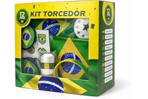 Kit Torcedor Brasil Copa do Mundo 2026 – 12 Peças Completo com Calendário de Jogos, Pintura Facial Hipoalergênica, Bandeira, Óculos, 2 Bastões Infláveis, Corneta e Caixa Presente – Em Busca do Hexa!