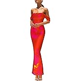 PRETTYGARDEN Cocktail Dresses for Women 2026 Summer Floral Off Shoulder Ruched Mesh Elegant Wedding Guest Maxi Dress