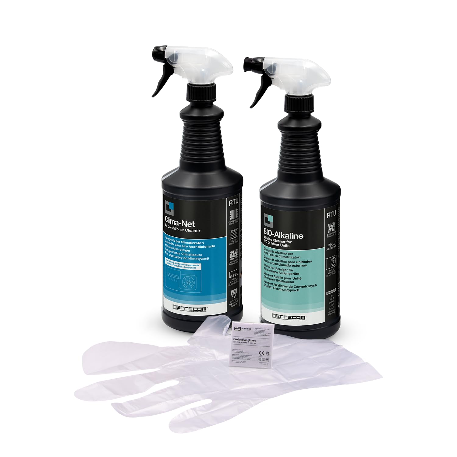 ERRECOM Cleaning Kit for Air Conditioners, includes 1 L bottle of Clima-Net, A/C Filter and Evaporator Cleaner, 1 L bottle of BIO-Alkaline, Alkaline Cleaner with Biodegradable Surfactants, Gloves