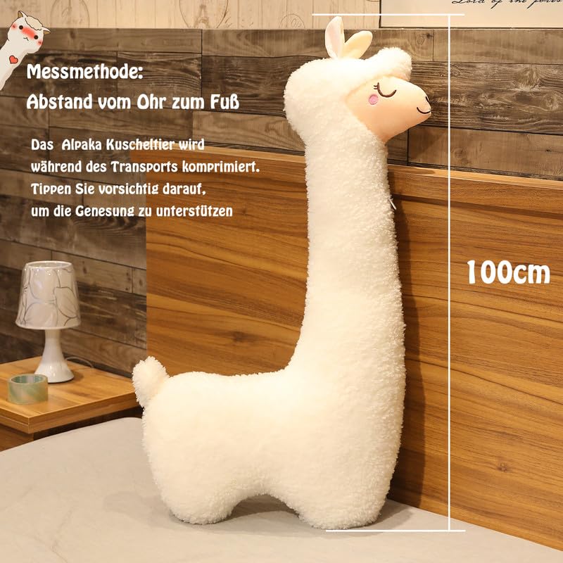 100cm Alpaka Kuscheltier, Alpaka-Plüschtier mit langem Hals, Weiches Alpaka-Kissen-Stofftier, Long Neck Plüschtier, Nettes Alpaka-Plüschtier, Sofakissen Kissen Cartoon Gefüllte Puppen (Braun, 100cm) 2