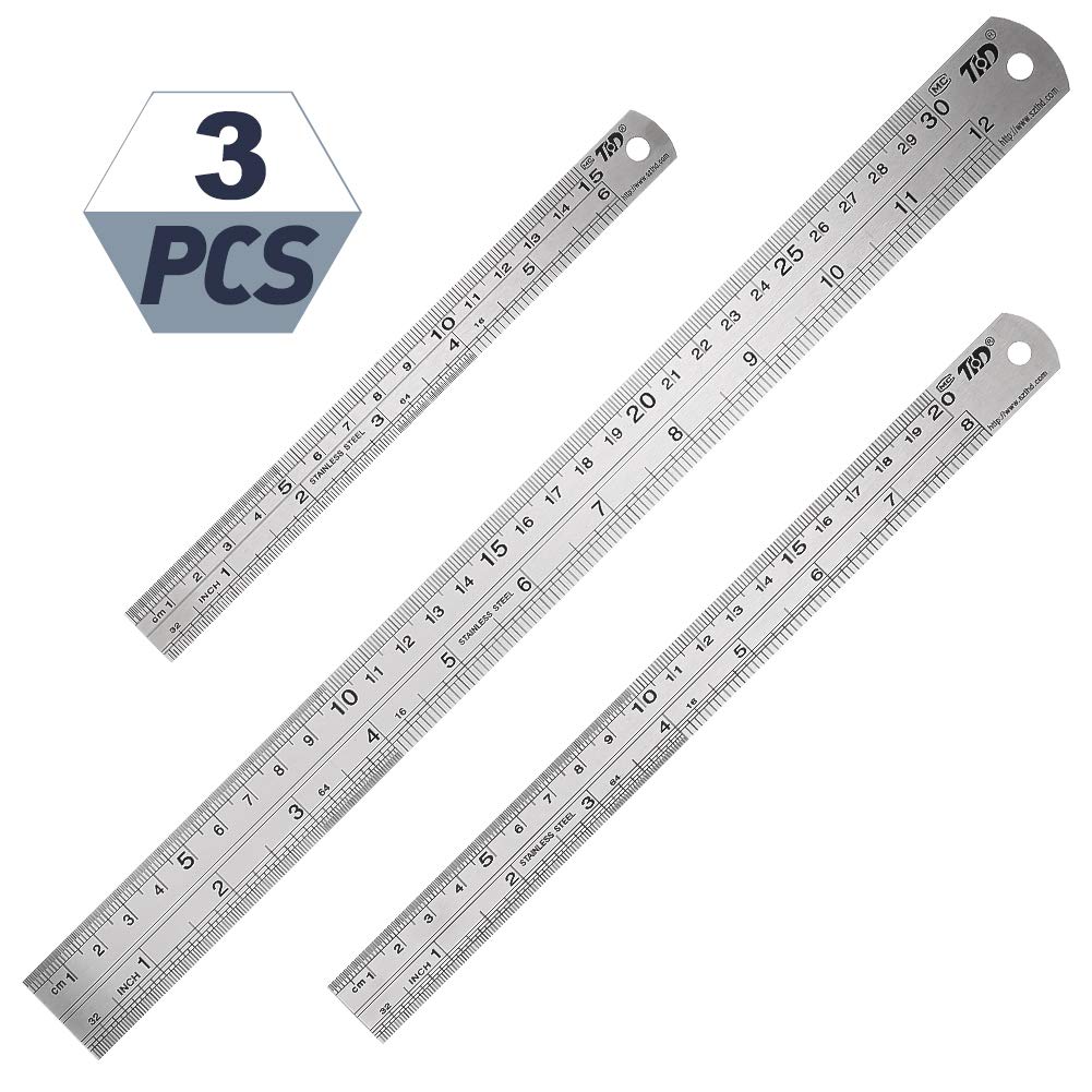 Metagio 3 Pack Stainless Steel Ruler Set, 17/23/33cm Precision Office Metal Ruler Kit Straight Edge Measuring Tool for School Office Drawing Easy Measurement