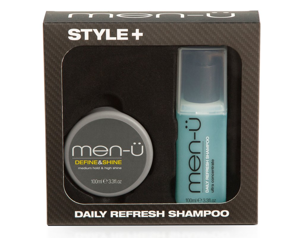 men-üStyle+ DEFINE & SHINE 100ml, with DAILY REFRESH SHAMPOO 100ml, Hair Styling, Pomade, High Hold, High Shine, Vegan, Mens Gift Set