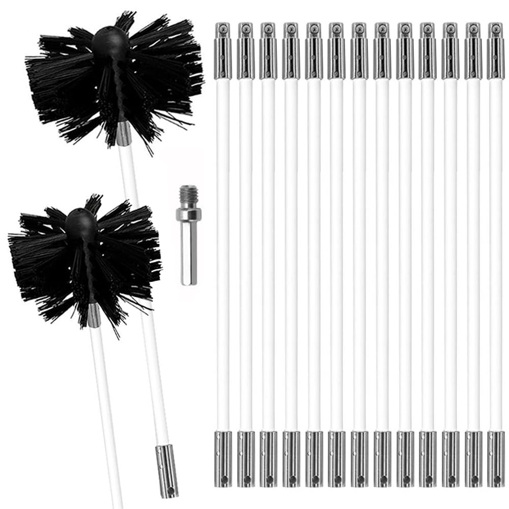MOCNT Chimney Cleaning Brush Kit Nylon Rotary Duct Vent Cleaning Set Flexible Chimney Sweep Kit for Fireplace Dryer Vent 15 Flexible Rods 1 Brush Head 150mm 1 Brush Head 100mm