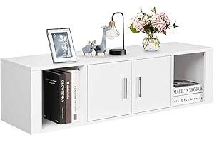 Giantex Wall Mounted Storage Cabinet 2 Cube Floating Media Hanging Desk W/2 Doors and 2 Open Shelves, Home Office Furniture for Kitchen, Bathroom, Living Room Floating Console Hutch (White)