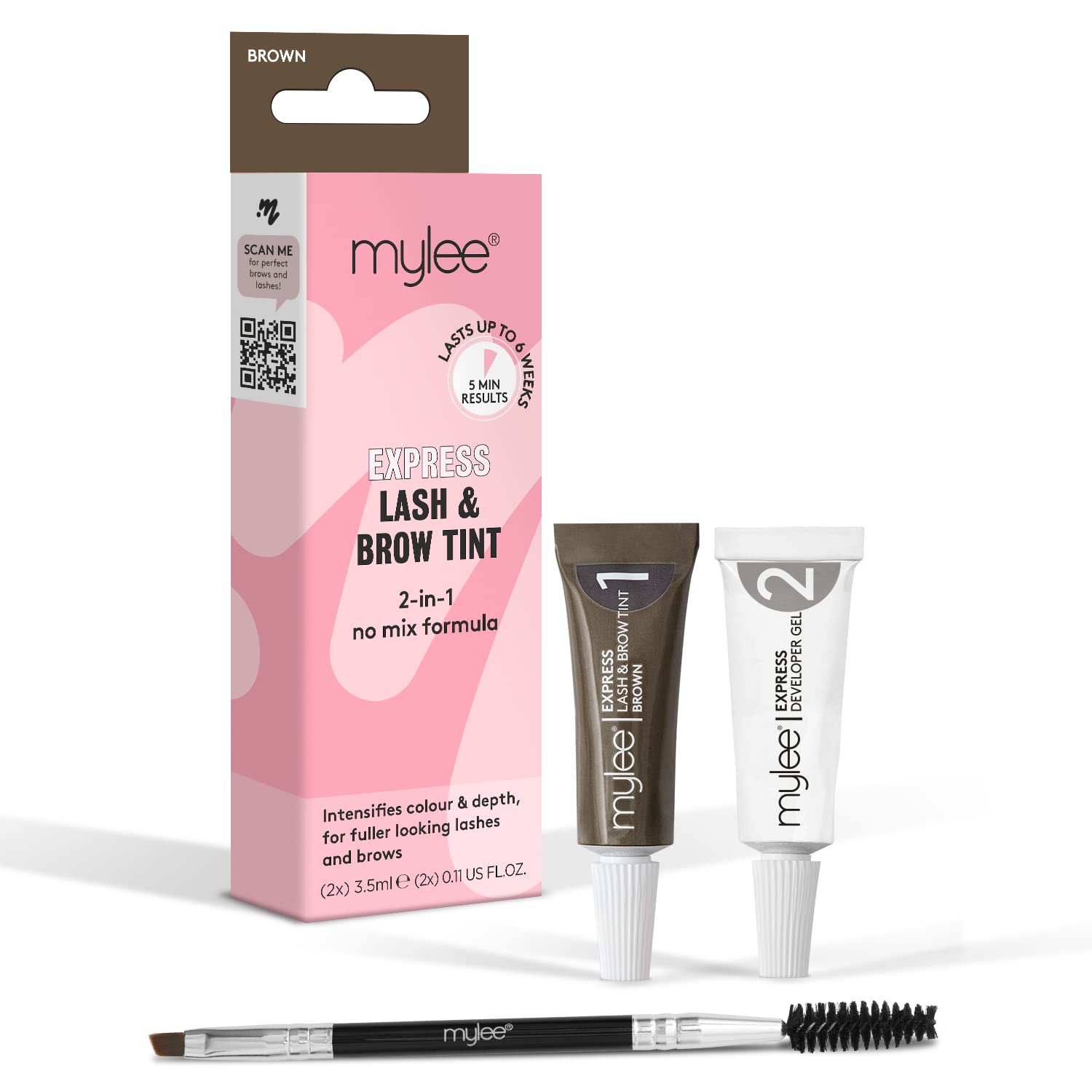 Mylee Express Lash & Brow Kit – 2 in 1 No Mix Formula, Tint + Developer Gel + Double Sided Brush, Professional Eyelash & Eyebrow Dye Tinting, Long Lasting, Semi-Permanent, Fast & Easy (Brown)