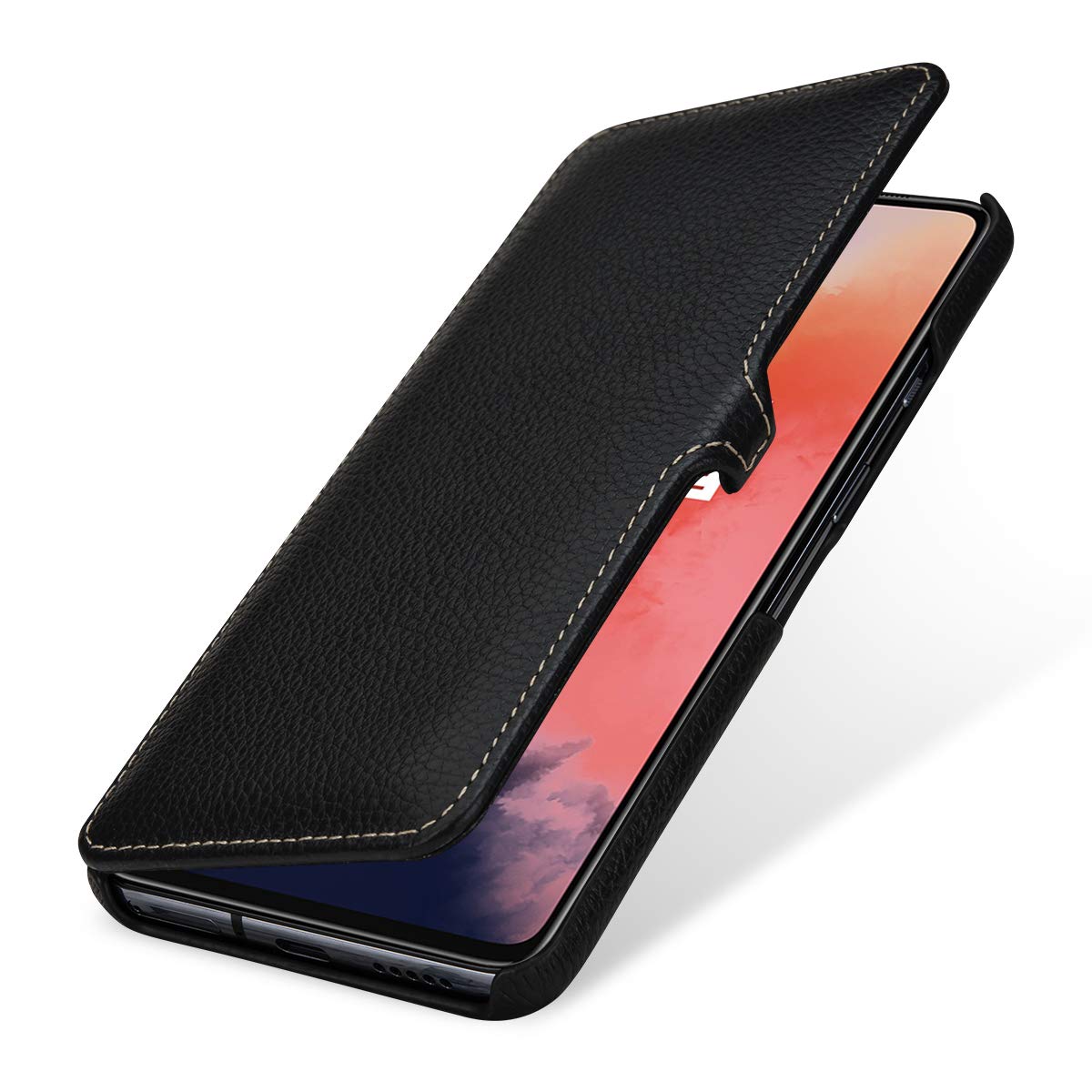 StilGut Book Type Flip Case for OnePlus 7T, Genuine Leather OnePlus 7T Case with Closure, Black — image 1