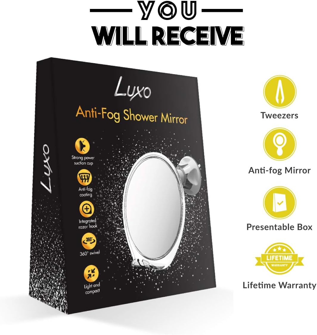 Luxo Shower Mirror, Shaving Mirror with a Razor Holder for Shower and Powerful Suction Cup - Shatterproof Anti Fog Mirror for Shower and Tweezers: Kitchen & Dining
