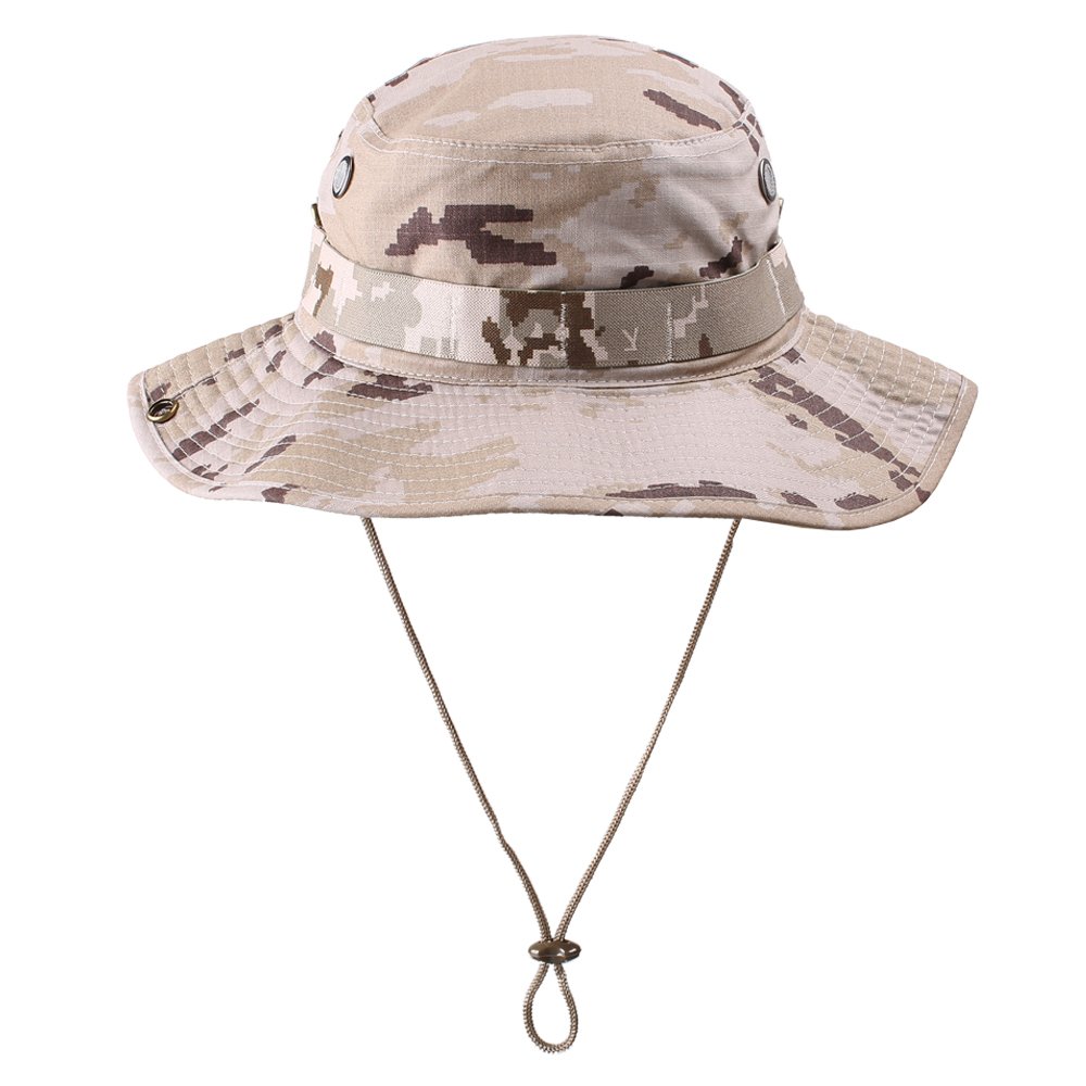 Chin Strapカウボーイハットスタイルレディースメンズ旅行用釣りハンティングアウトドアスポーツ Camo Boonie帽子 迷彩サファリハットwith Huijie B07fqrmkdt カーキ 帽子 大勧め