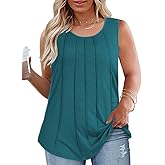 ROSRISS Plus-Size-Tank-Tops Summer Sleeveless Casual Pleated Shirts Trendy Scoop Neck Tunics Flowy Tees